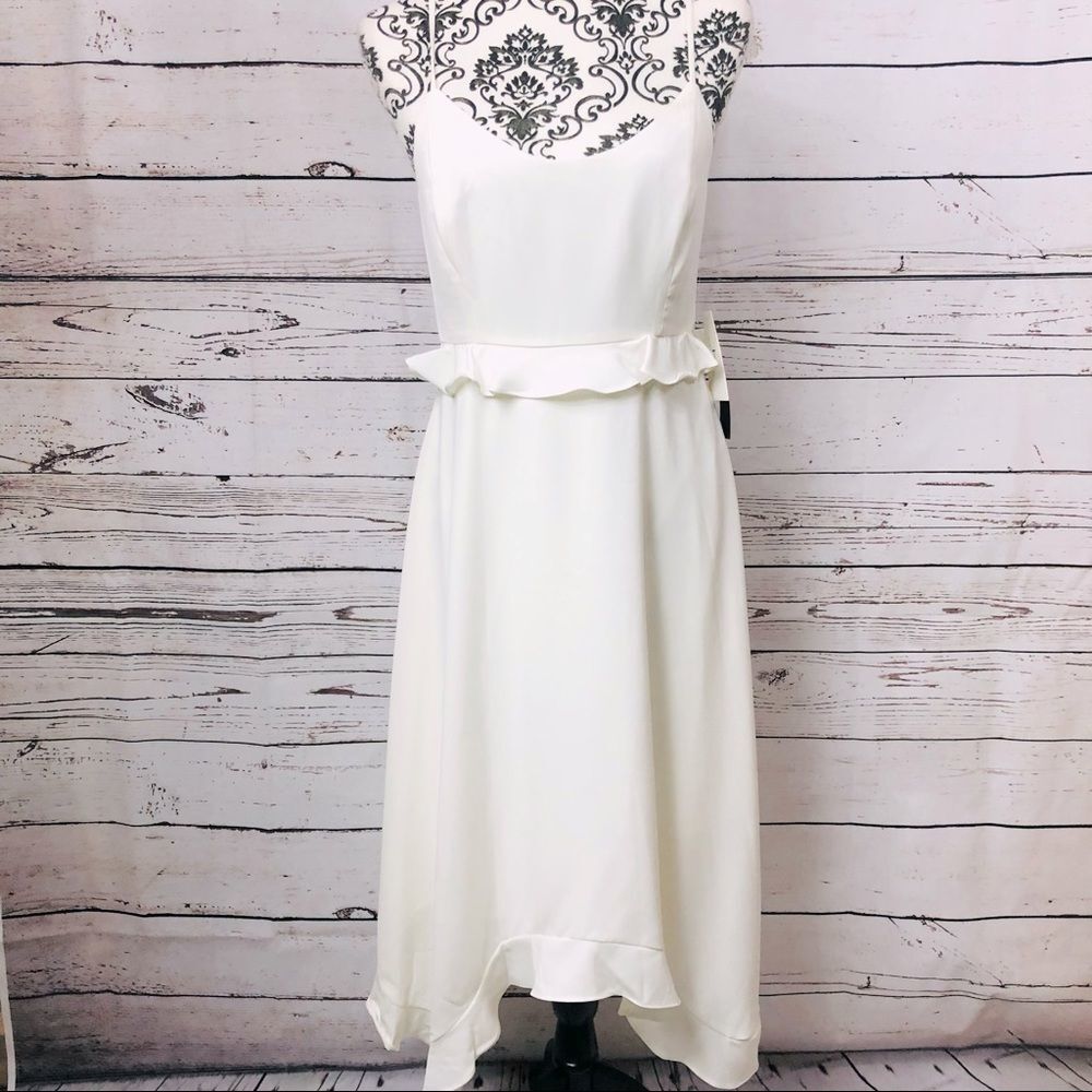H by Halston Cami Sleeveless Dress Uneven Handkerchief Hem Ruffle Chalk White